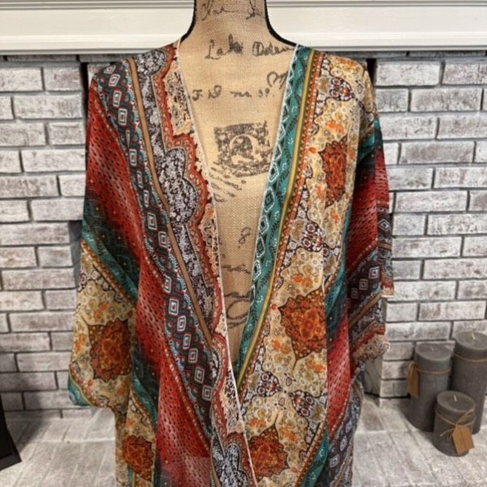 Unbranded Womens Floral Geometric Print Open Front Kimono Multicolor One Size - Picture 3 of 8